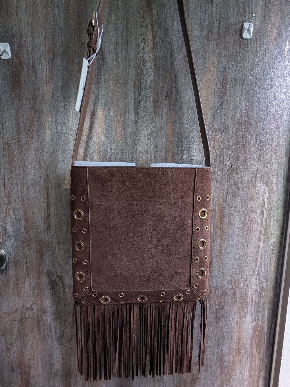 Brown Faux Suede Fringe Crossbody Bag with Grommets